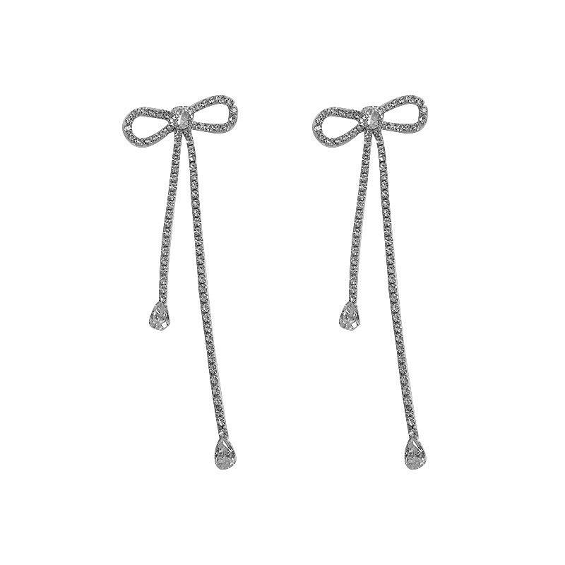 Long Bow Tie Stud Earrings | Party Wear Silver