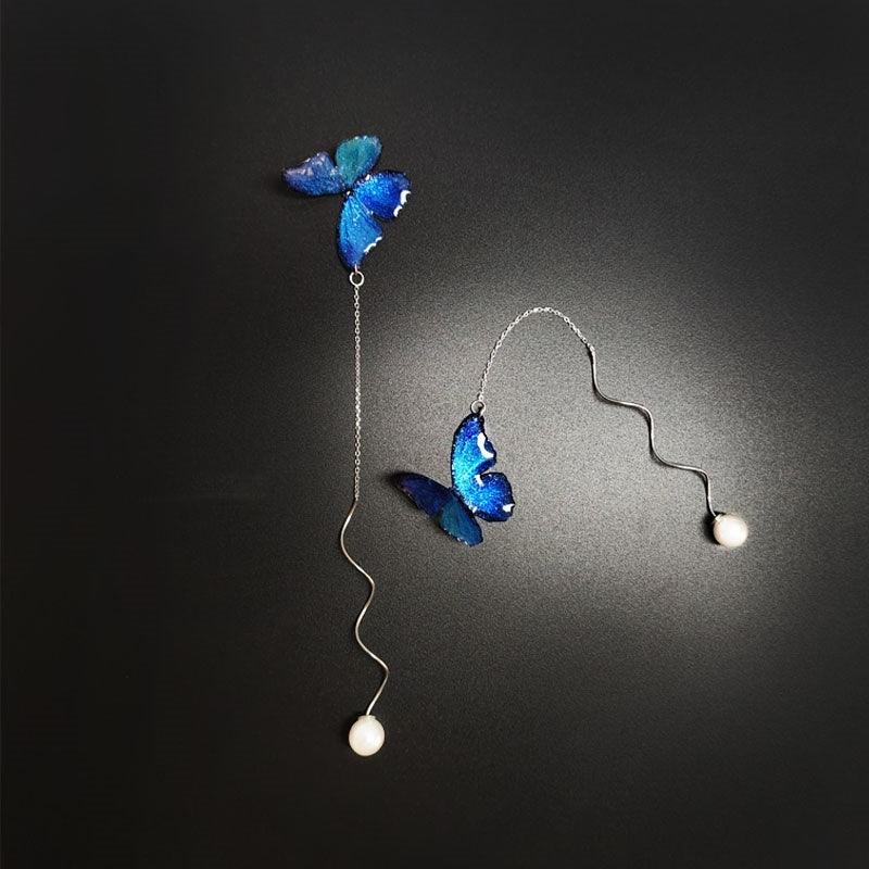 Blue Butterfly Ear Thread Pearl Earrings B