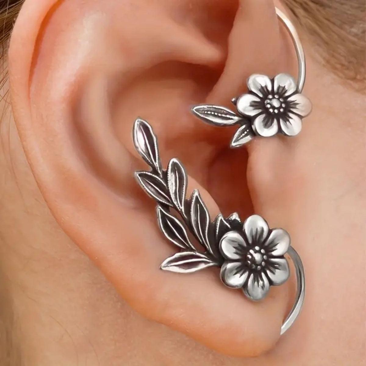 Asymmetric Vintage Plant Flower Ear Hooks