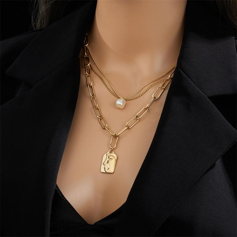 Layered Face Portrait Chain Band With Pearl | Fashion Wear