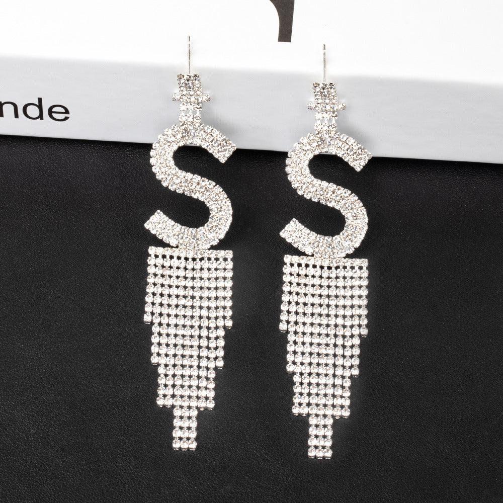 Silver Needle Rhinestone Letter B Earrings Silver S