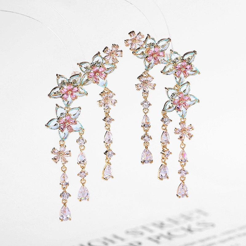 Fashion Flower Tassel Pendant Earrings Gold