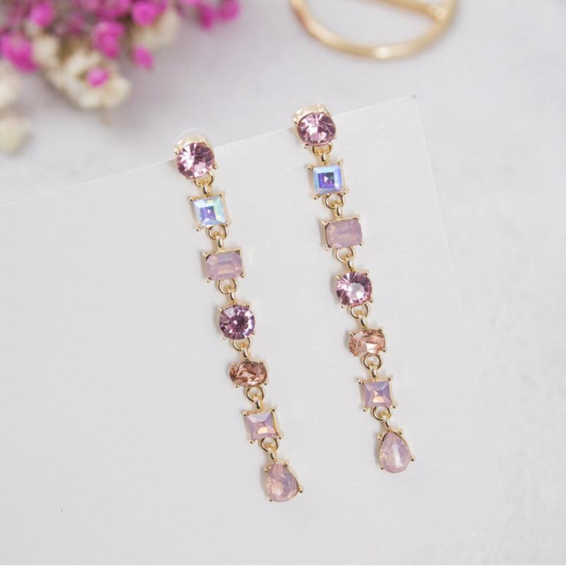 Multicolor Crystal Tassel Long Earrings | Daily Wear Pink