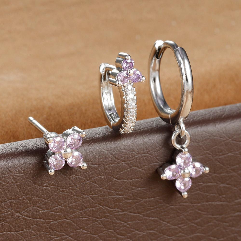 Four-Leaf Flower Stud Earrings | Daily Wear Silver And Purple