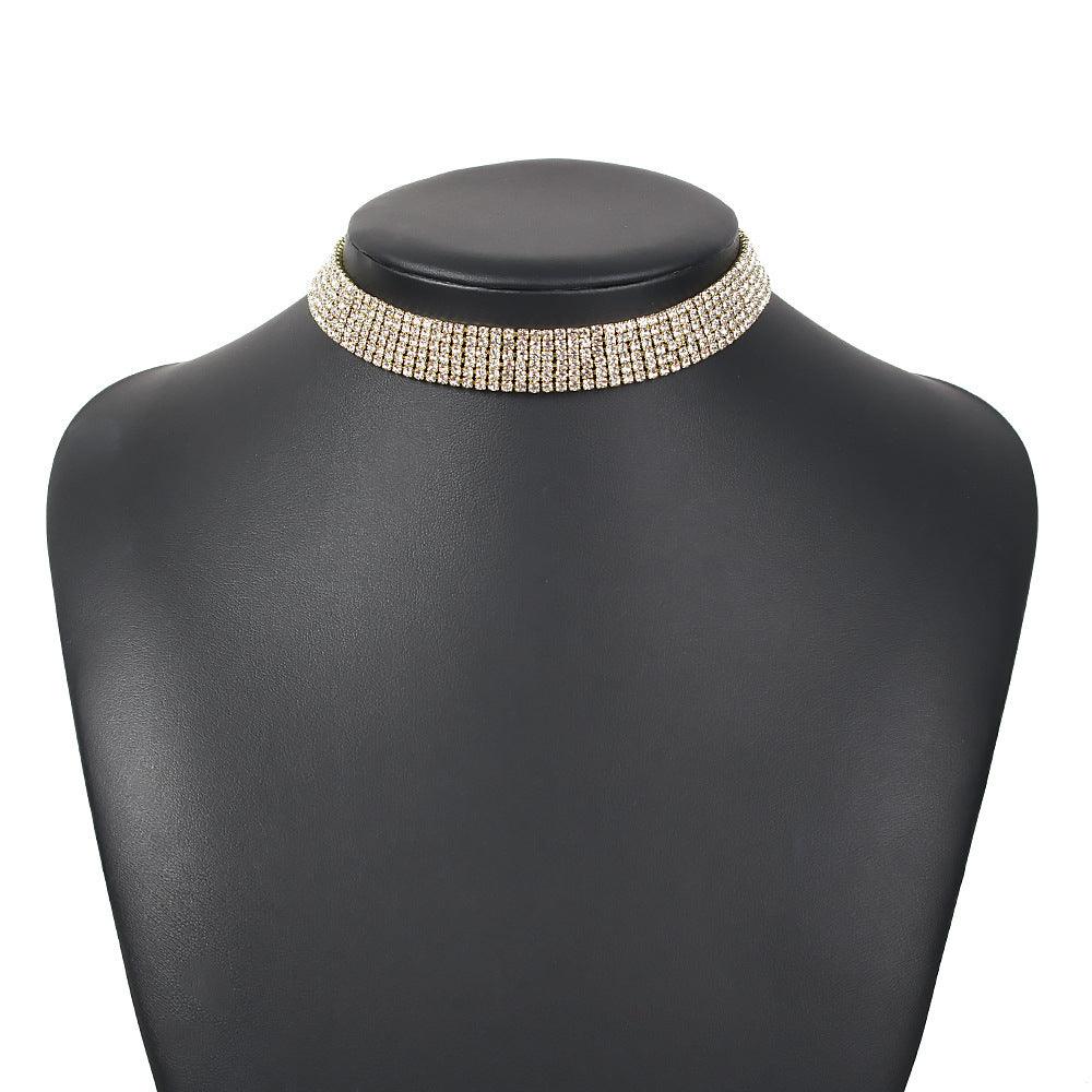 Full Rhinestone Alloy Necklace | Fashion Jewelry Six Rows Of Drills Gold