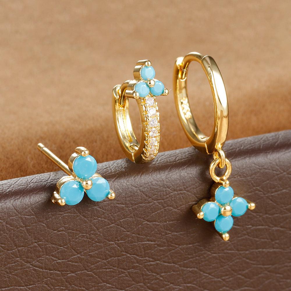 Four-Leaf Flower Stud Earrings | Daily Wear Gold And Blue