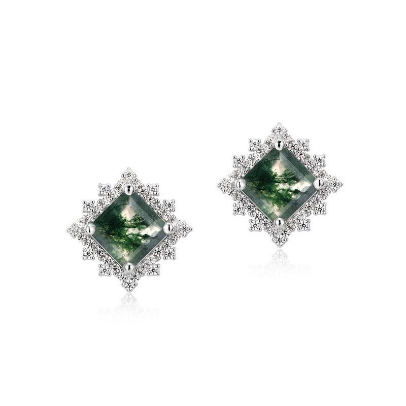 Luxury Green Moss Water Plants Agate Studs