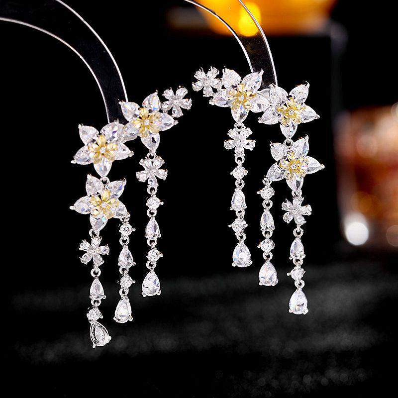 Fashion Flower Tassel Pendant Earrings Platinum