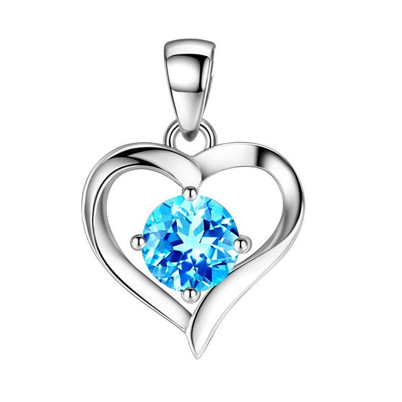 S999 Sterling Silver Heart-Shaped Pendant Blue Diamond S925