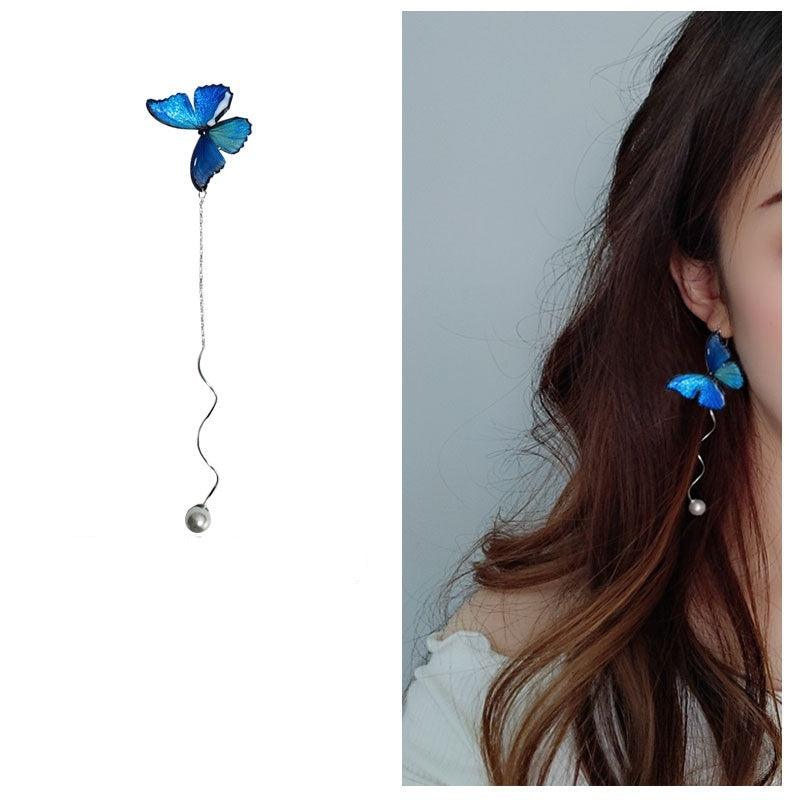 Blue Butterfly Ear Thread Pearl Earrings A