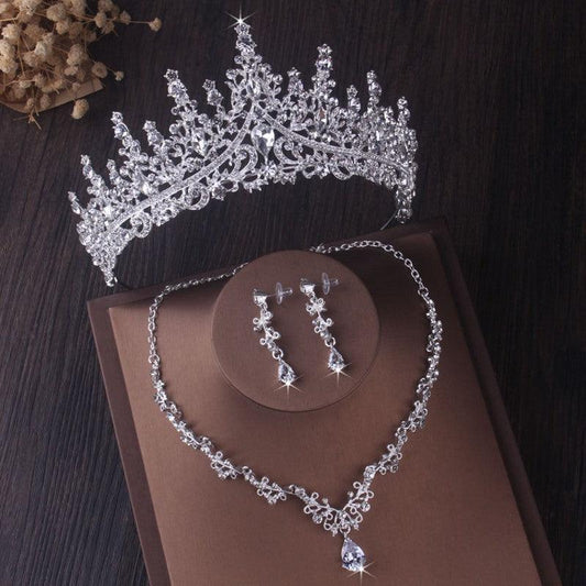 Silver Crystal Drop Bridal Jewelry Set | Wedding Collection 3Pcs Jewelry Set