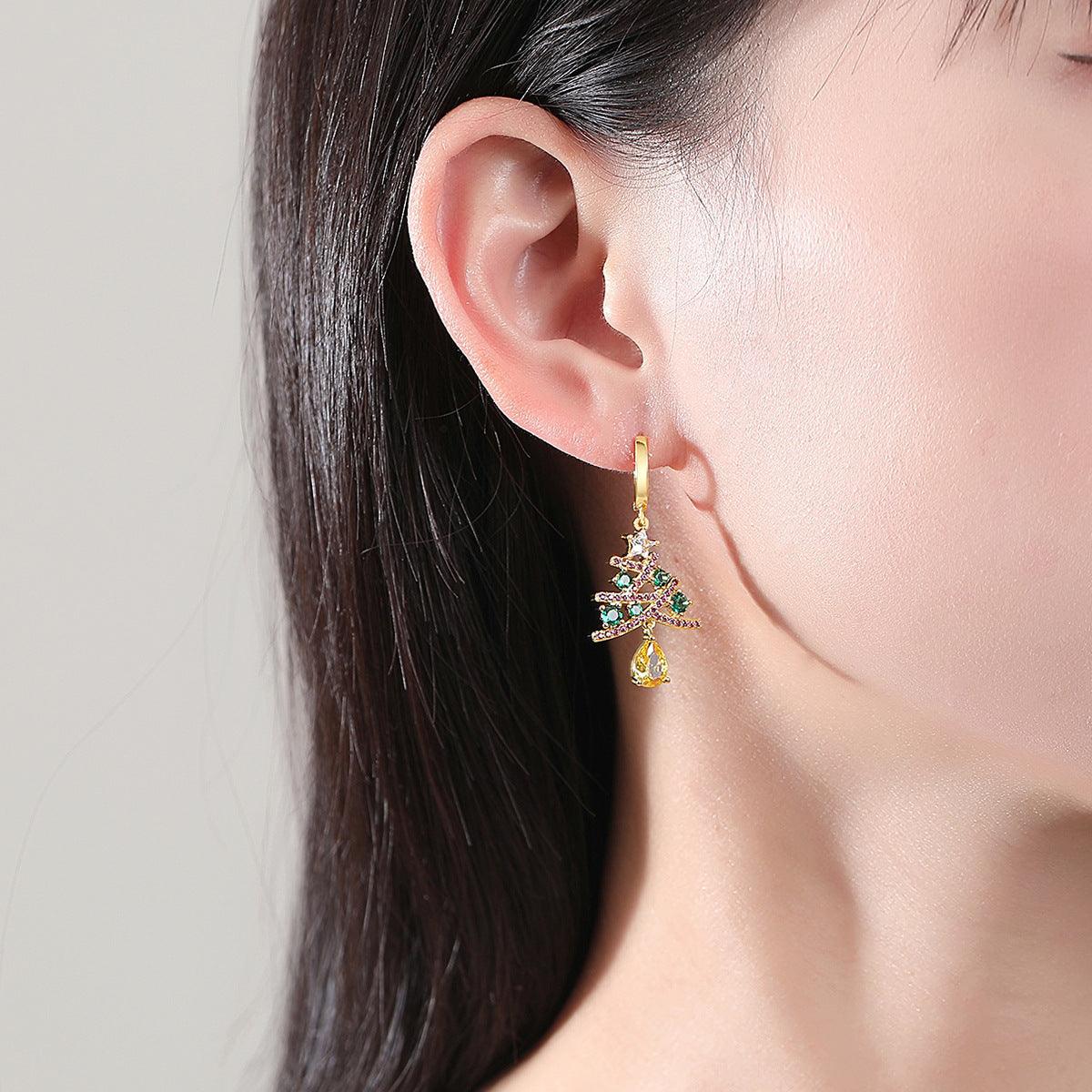 Christmas Tree 2025 Earrings With Colorful Rhinestones