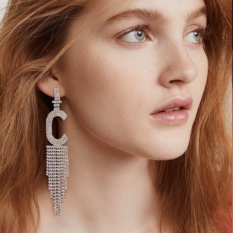 Silver Needle Rhinestone Letter B Earrings
