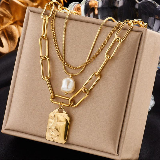 Layered Face Portrait Chain Band With Pearl | Fashion Wear