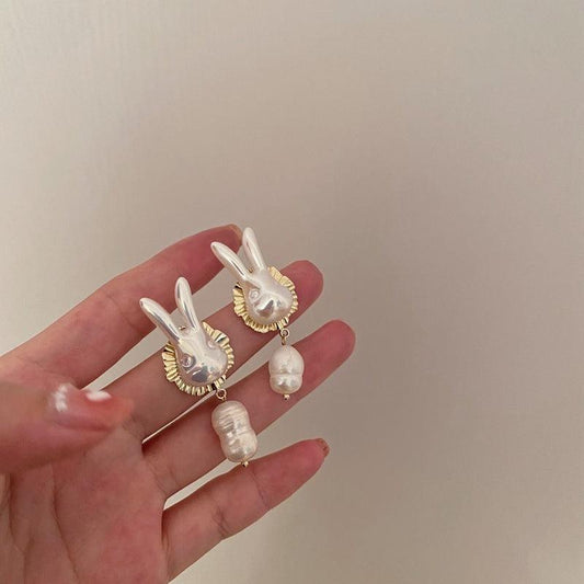 925 Silver Needle Cute Pearl Bunny Earrings | Daily Wear Silver