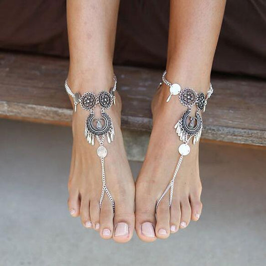 Bohemian Antique Silver Hollow Flower Chain Anklets | Beach Wear Beach