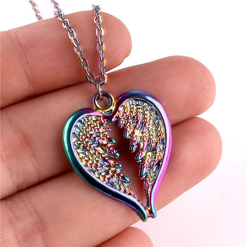 Rainbow Feather Wing Heart Choker Necklace