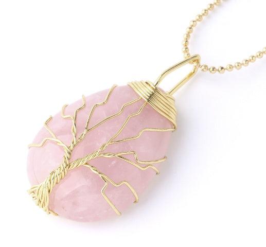 Fashion Stone Pendant with Gold Color Wire Wrap Gem Pink Gold Necklace