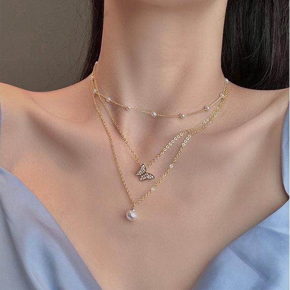 Multilayer Pearl Butterfly Necklace | Party Wear