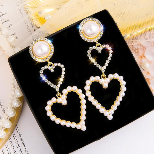 Pearl Rhinestone Drop Earrings Golden
