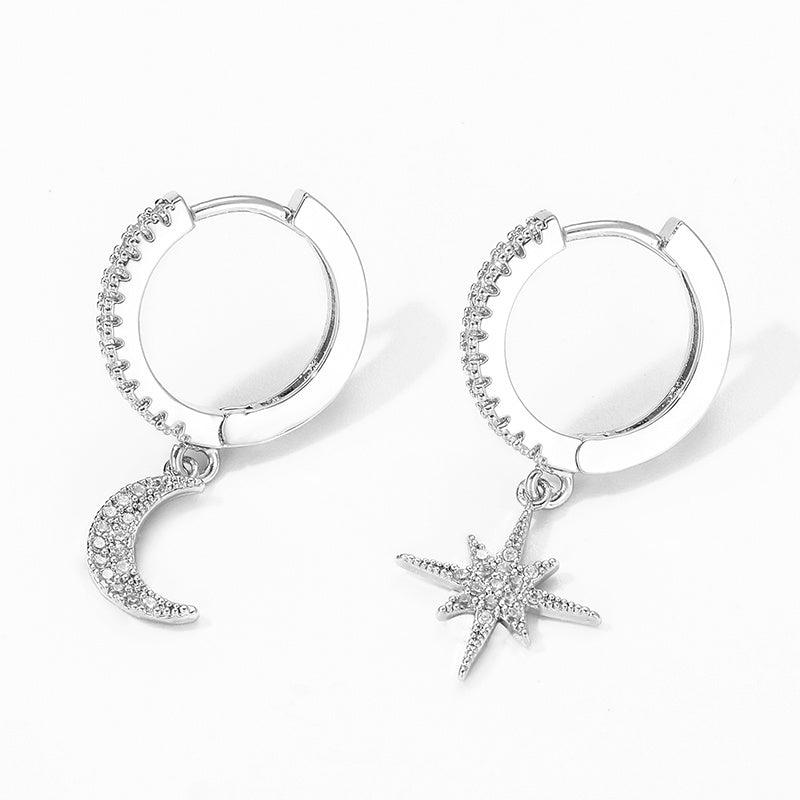 Fashion Star Moon Asymmetric Earrings Platinum