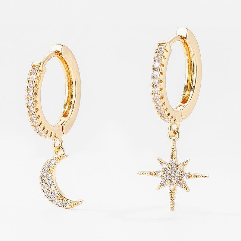 Fashion Star Moon Asymmetric Earrings 18K Golden