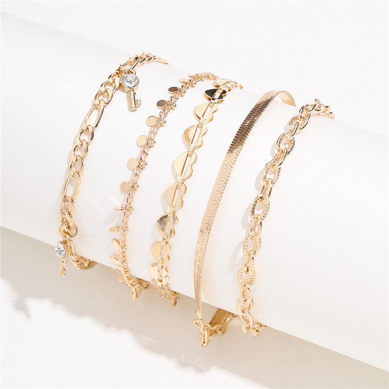 5 Pcs Golden Heart Crystal Key Anklets | Beach Wear