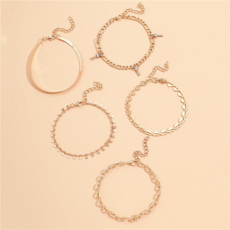 5 Pcs Golden Heart Crystal Key Anklets | Beach Wear