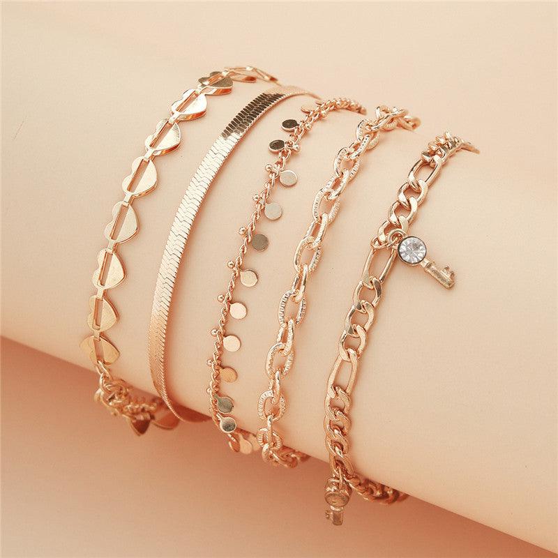 5 Pcs Golden Heart Crystal Key Anklets | Beach Wear