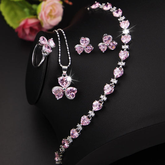 Clover Zircon Women's Diamond Jewelry Set Pink