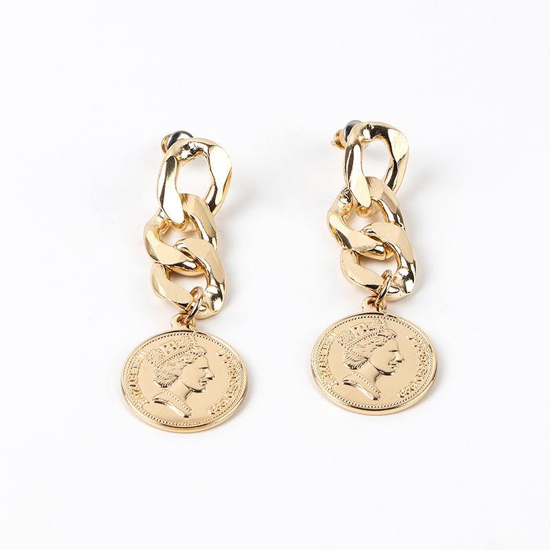 Silver Needle Cold Wind Chain Stud Earrings Coin