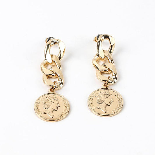 Silver Needle Cold Wind Chain Stud Earrings Coin