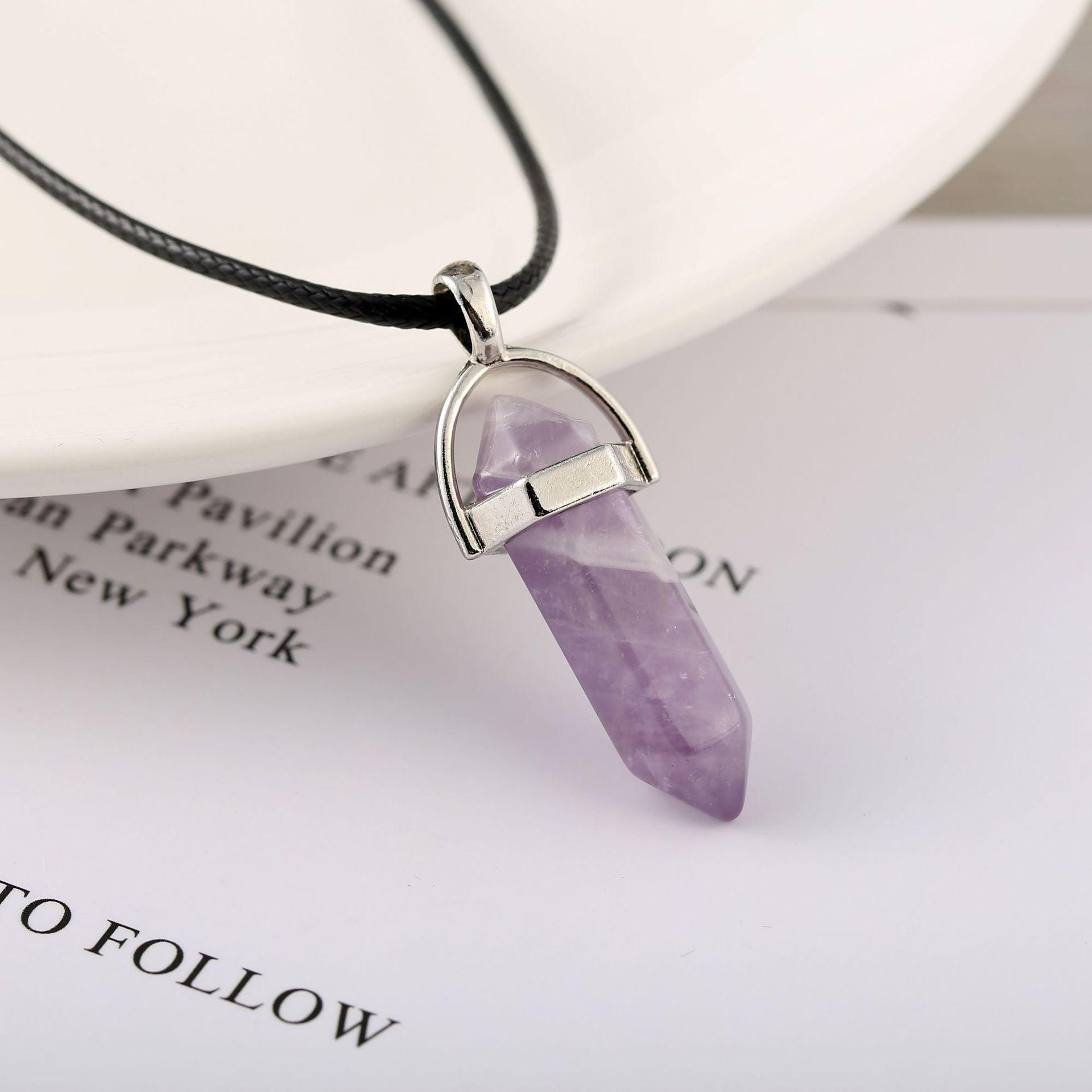 Bullet Stone Hexagon Pendant Necklace Purple Gold