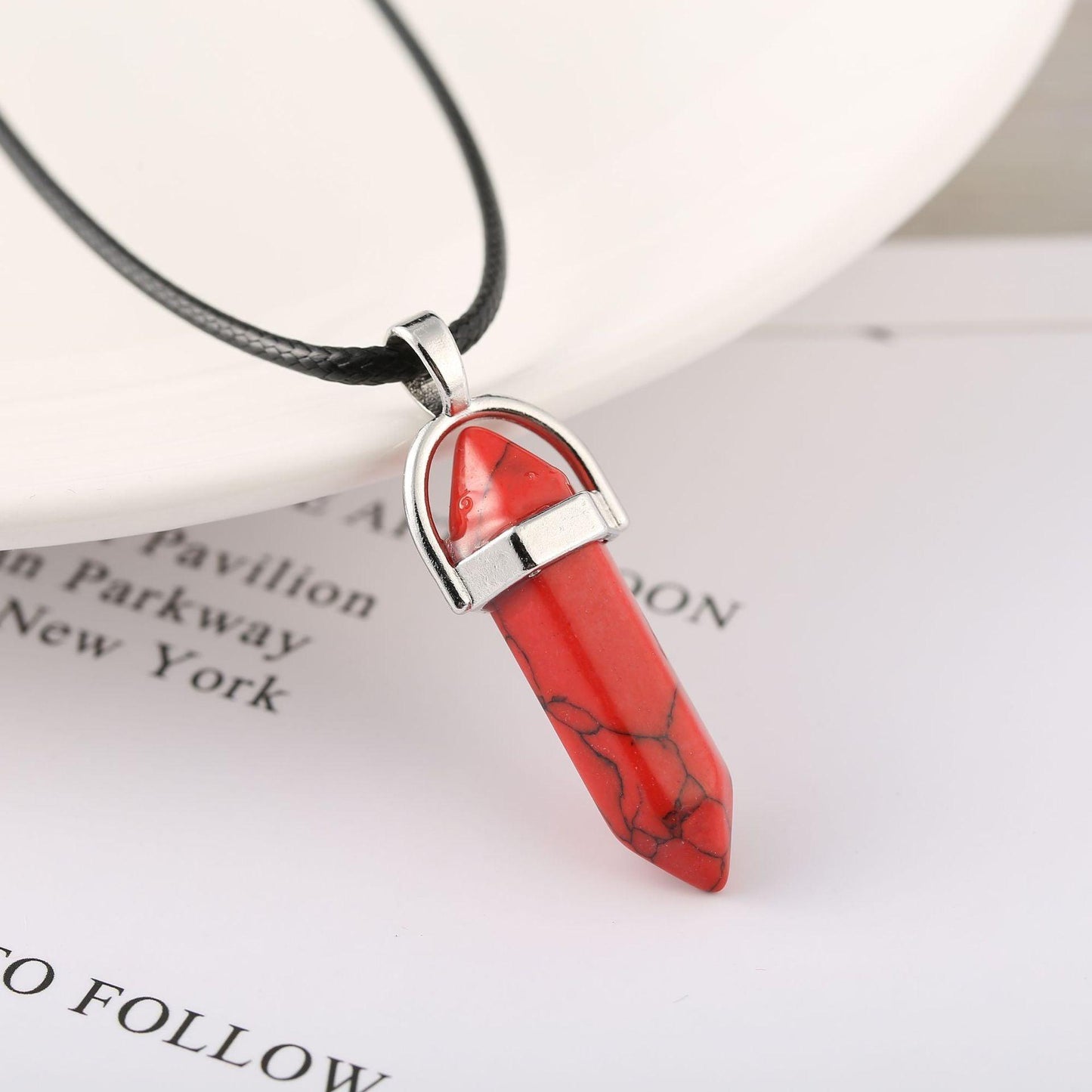 Bullet Stone Hexagon Pendant Necklace Red Pine