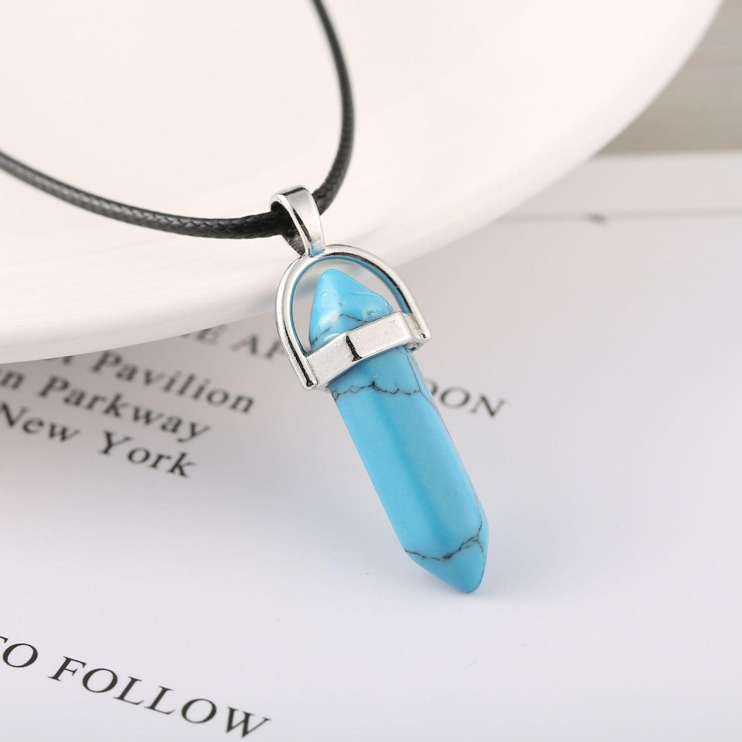 Bullet Stone Hexagon Pendant Necklace Blue Pine