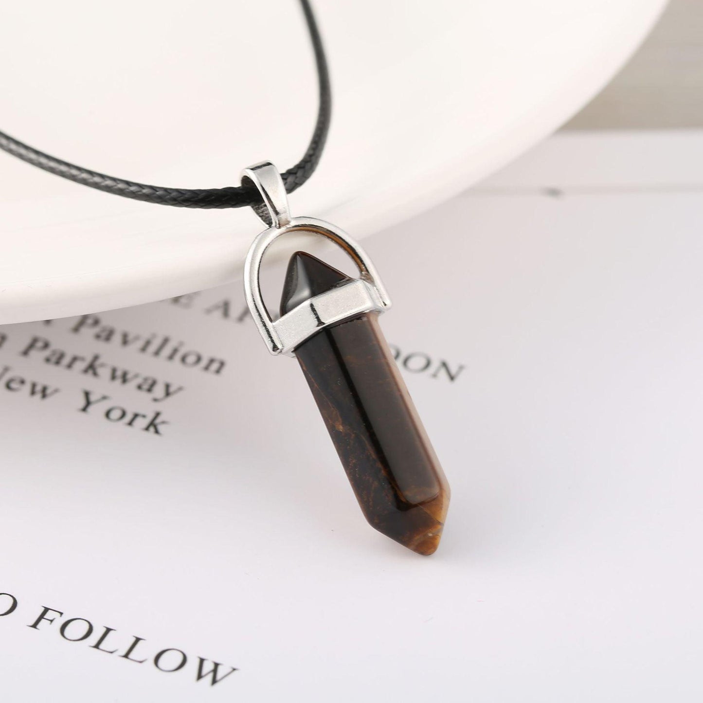 Bullet Stone Hexagon Pendant Necklace Tiger Stone