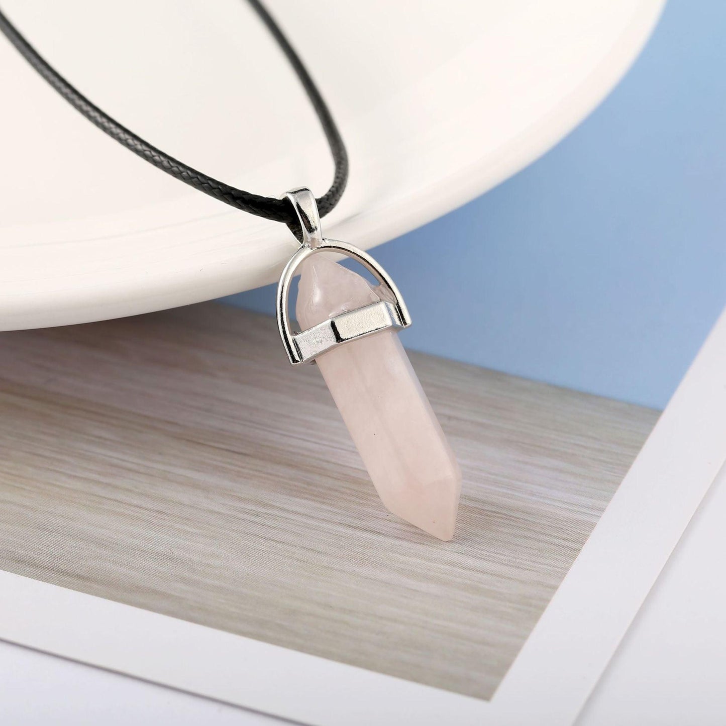 Bullet Stone Hexagon Pendant Necklace Pink Crystal