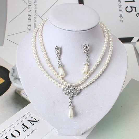 Pearl Crystal Collarbone Necklace Set | Party Wear White