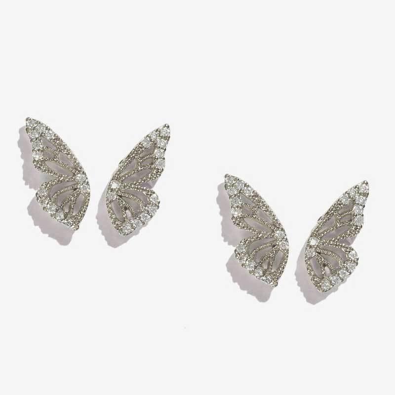 Exaggerated Bohemian Crystal Butterfly Earrings Silver