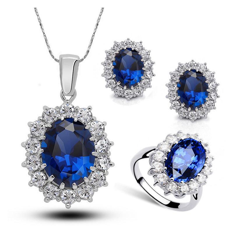 Crystal Bridal Necklace Earrings Ring Set | Party Wear Silver Sapphire Blue