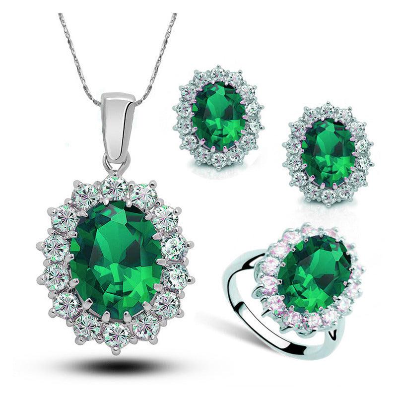 Crystal Bridal Necklace Earrings Ring Set | Party Wear Olive Green