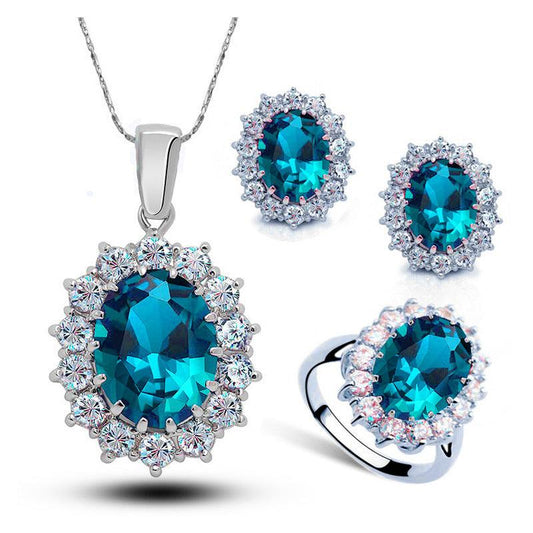 Crystal Bridal Necklace Earrings Ring Set | Party Wear Silver Lake Blue
