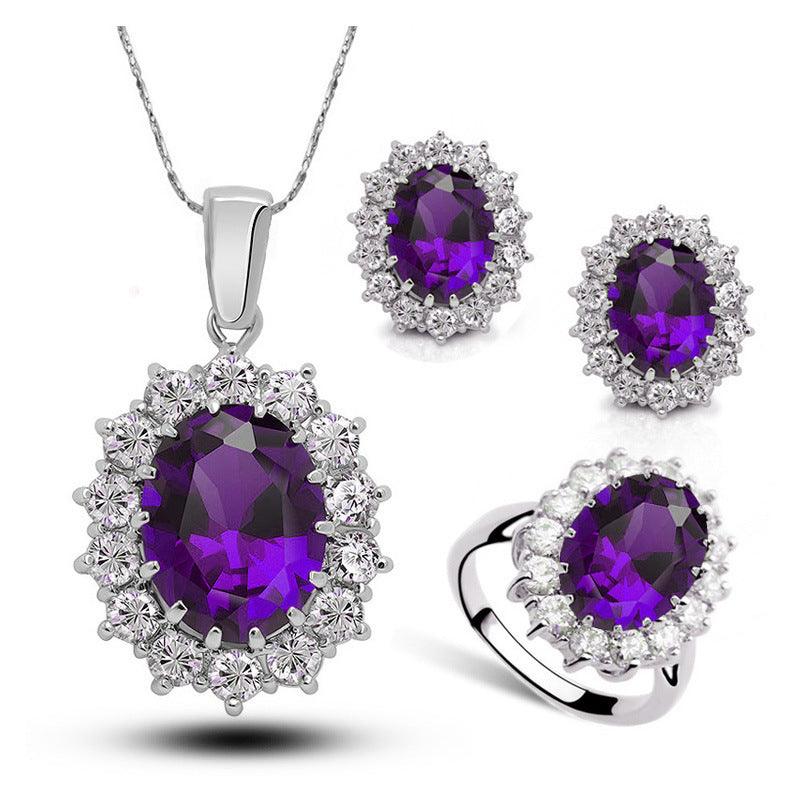 Crystal Bridal Necklace Earrings Ring Set | Party Wear Violet