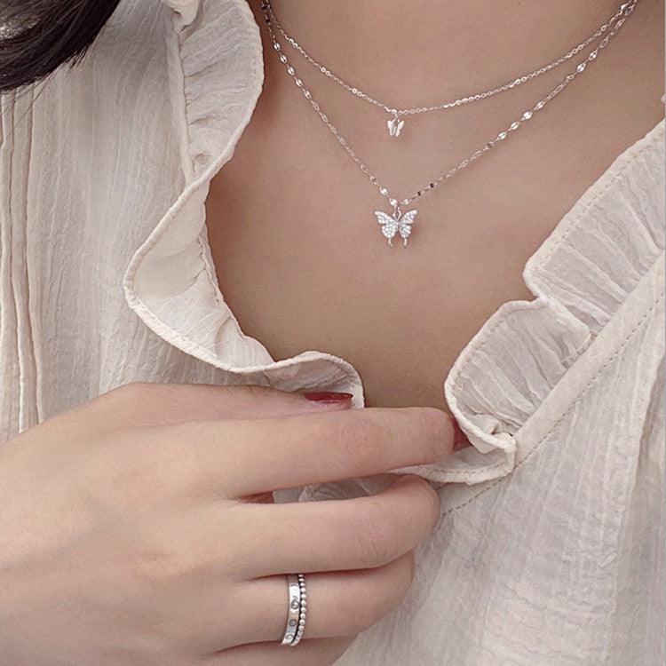 Elegant Silver Butterfly Double Layer Necklace | BoldlyBeautifuls