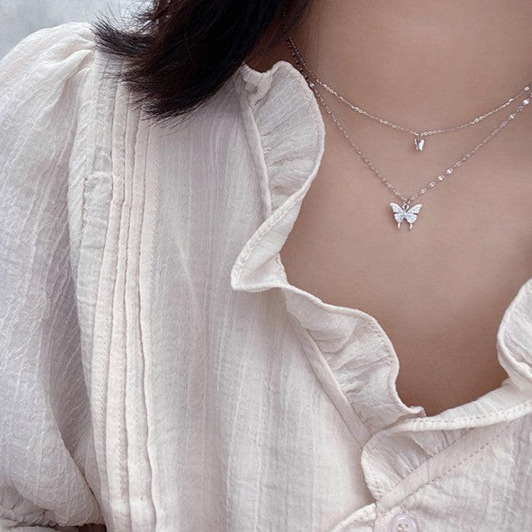 Elegant Silver Butterfly Double Layer Necklace | BoldlyBeautifuls