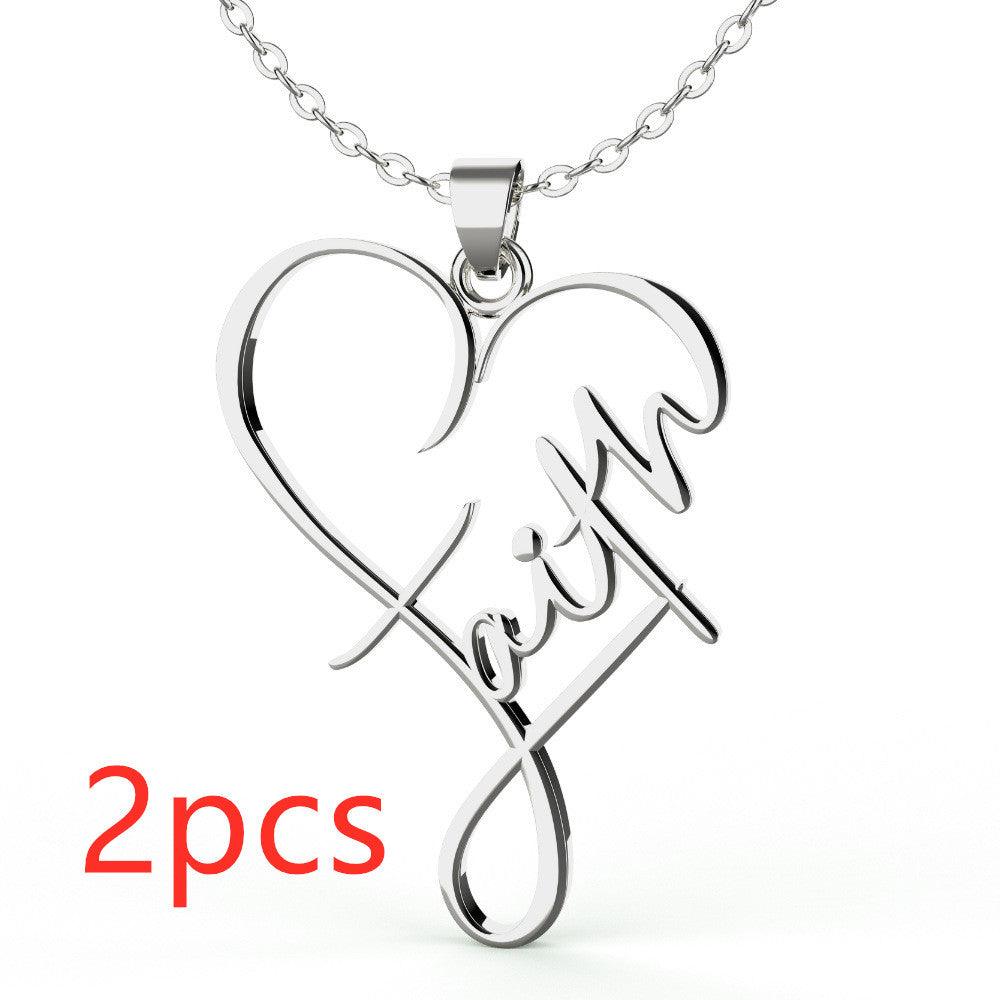 European Necklace Heart Of Faith Pendant Jewelry Silver 2PCS