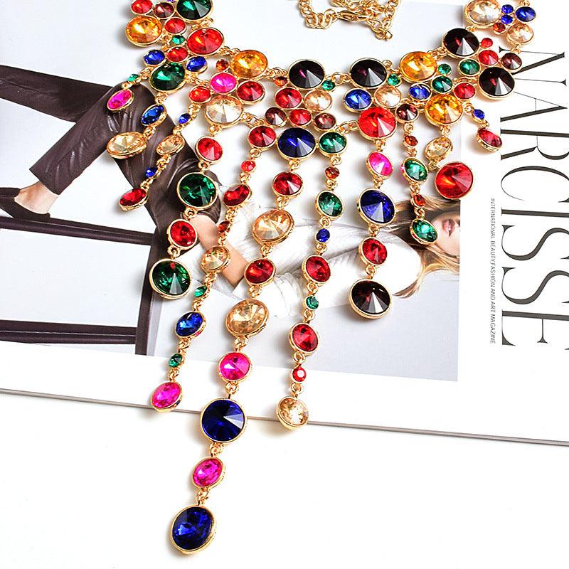 Fashion Necklace with Long Tassels and Diamonds Colorful
