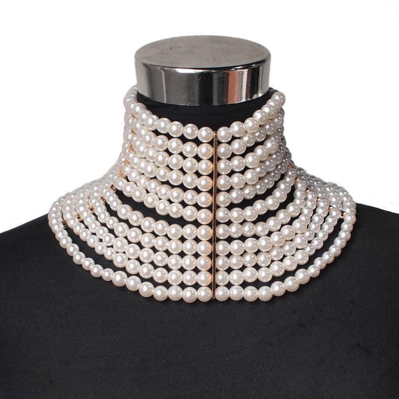 Sexy Multi-Layered Pearl Short Necklace White