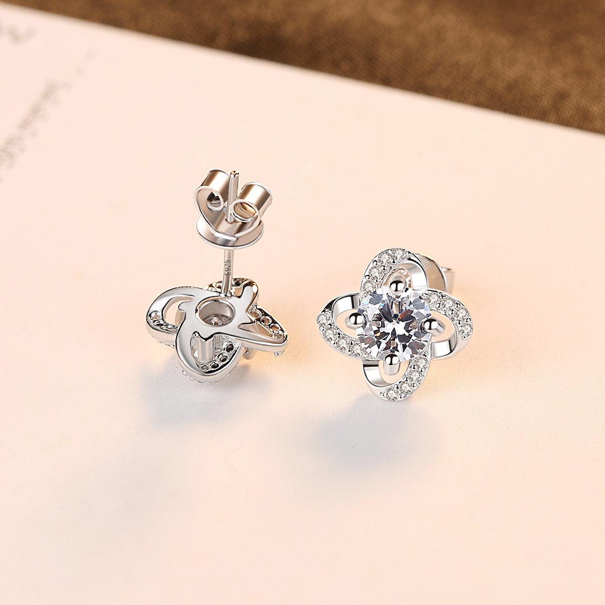 S925 Sterling Silver Stud Earrings Four-leaf Clover Design