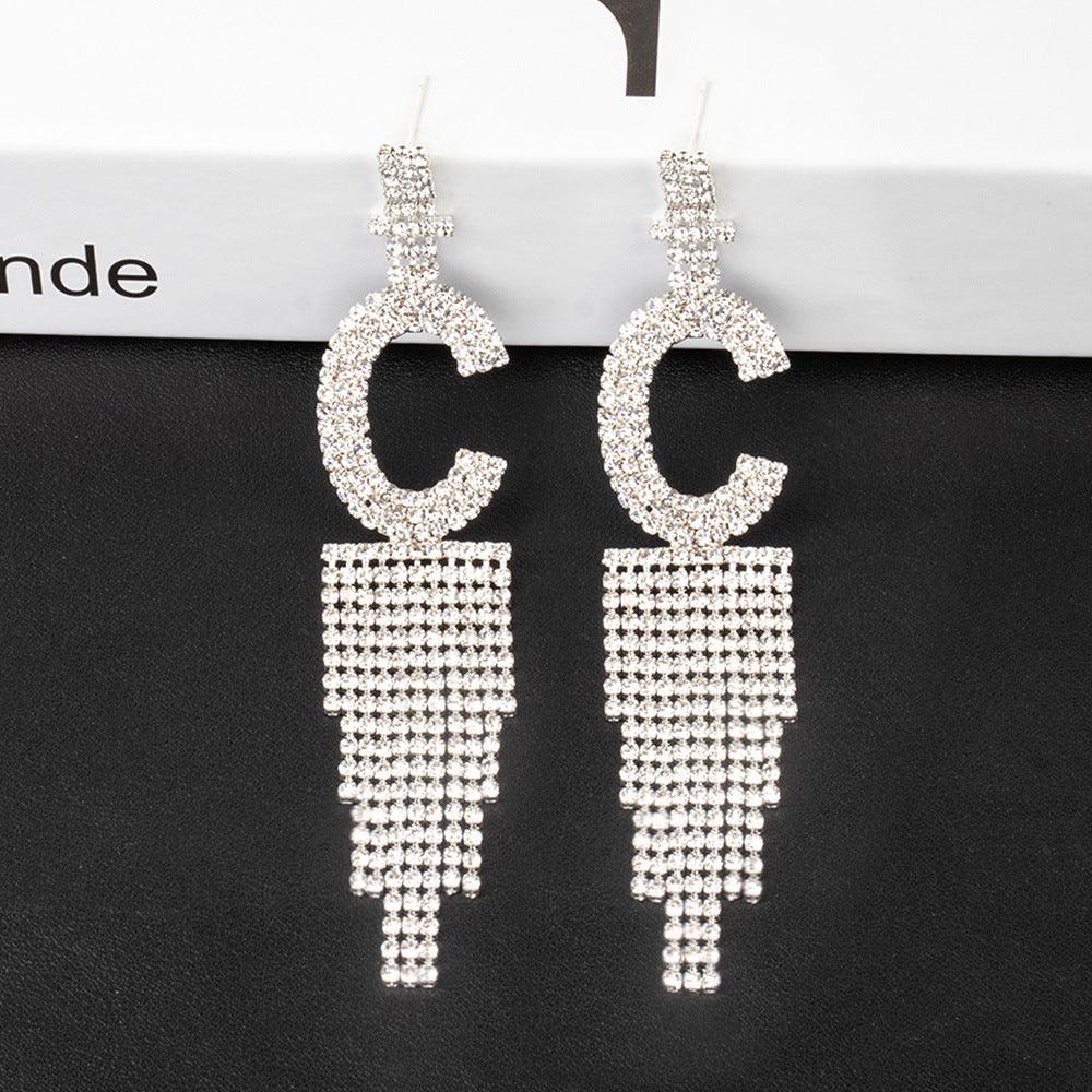 Silver Needle Rhinestone Letter B Earrings Silver C